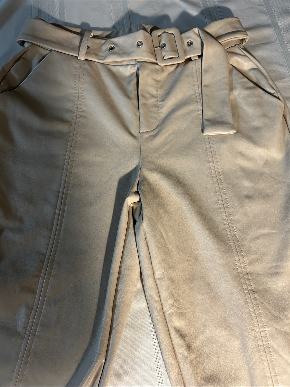 Fashion Nova Cream Faux Leather Pants size Medium Belt very good condition - Picture 2 of 5